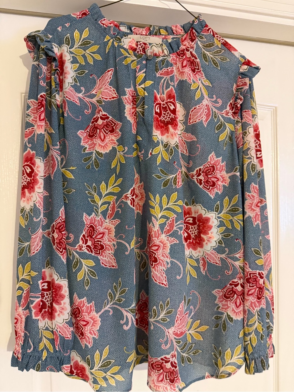LOFT Blue Floral A-Line Skirt with Pink and Yellow Blooms